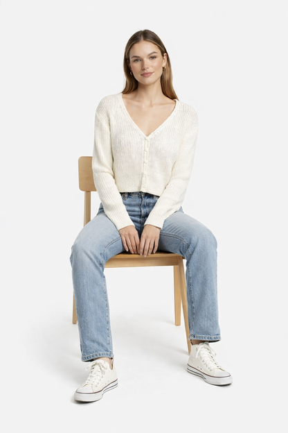 Knitted Crop Cardigan Sweater | 100% Acrylic | V-Neck | Button Front | Full Sleeves | White