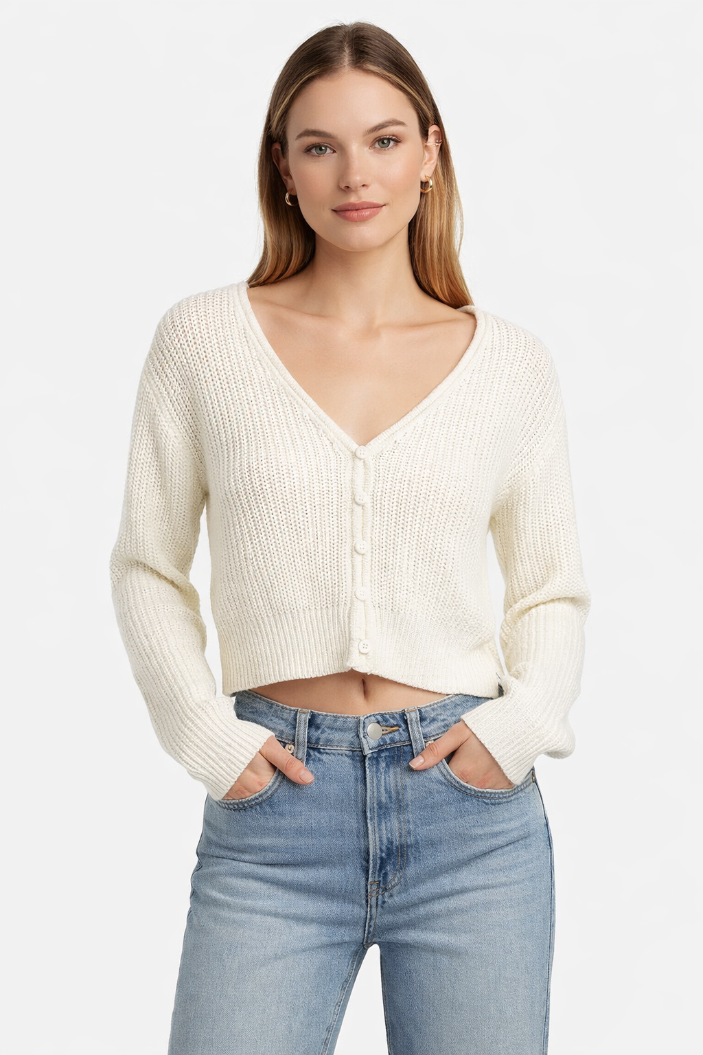Knitted Crop Cardigan Sweater | 100% Acrylic | V-Neck | Button Front | Full Sleeves | White