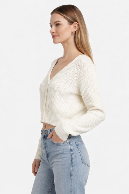 Knitted Crop Cardigan Sweater | 100% Acrylic | V-Neck | Button Front | Full Sleeves | White