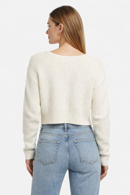 Knitted Crop Cardigan Sweater | 100% Acrylic | V-Neck | Button Front | Full Sleeves | White