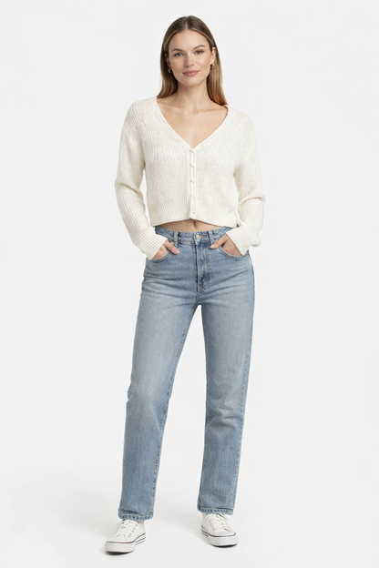 Knitted Crop Cardigan Sweater | 100% Acrylic | V-Neck | Button Front | Full Sleeves | White