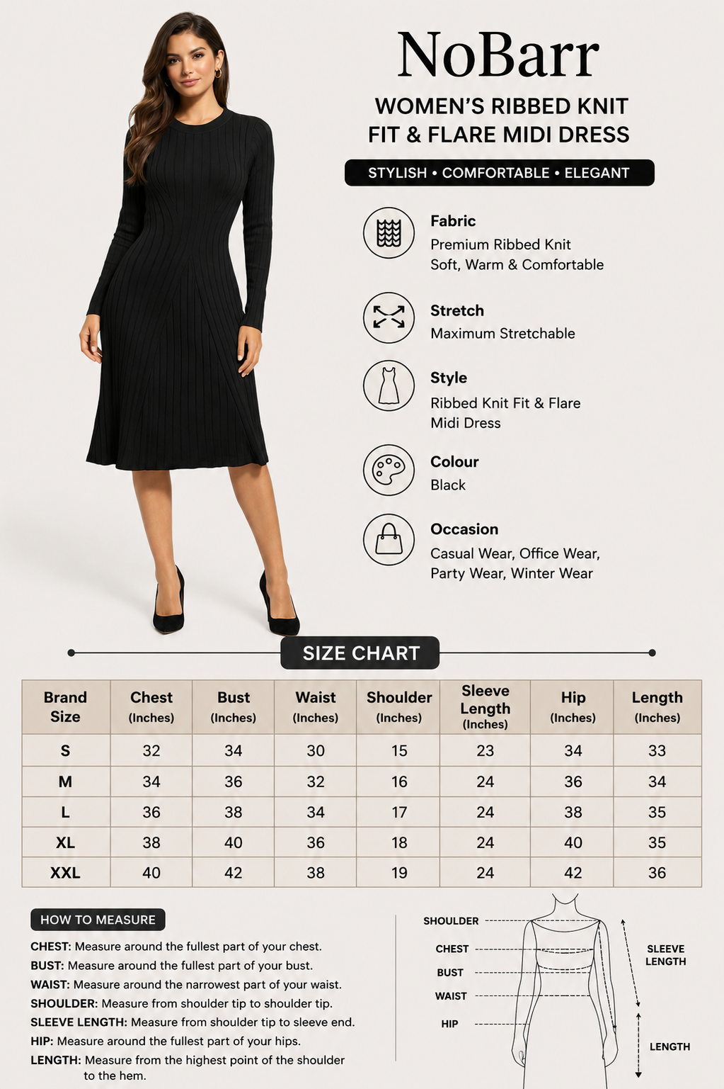 Ribbed Knitted Midi Dress | 100% Knitted Viscose | Round Neck | Full Sleeves | Stretchable | Black