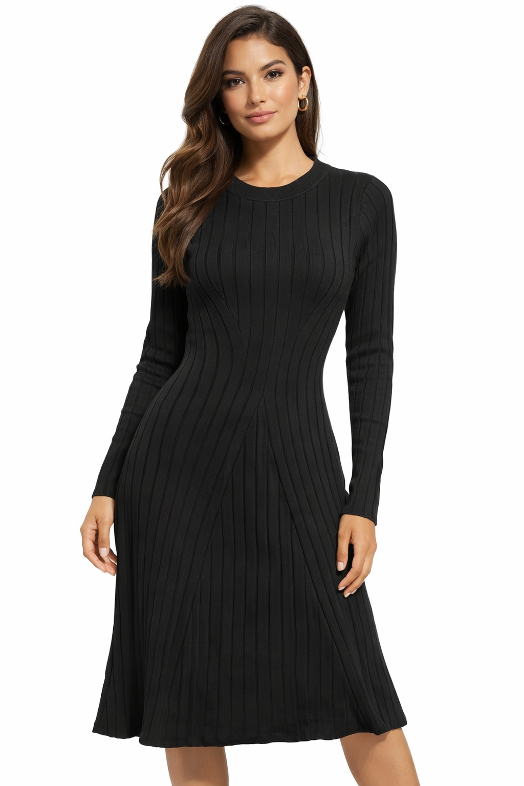 Ribbed Knitted Midi Dress | 100% Knitted Viscose | Round Neck | Full Sleeves | Stretchable | Black