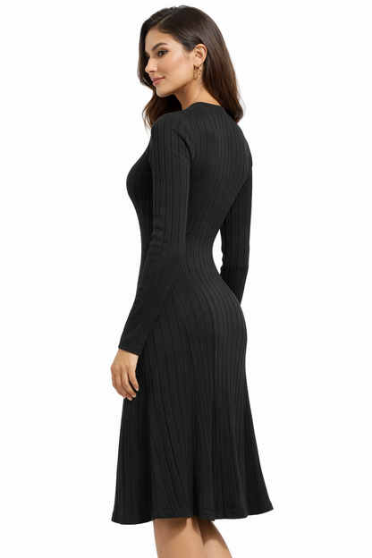 Ribbed Knitted Midi Dress | 100% Knitted Viscose | Round Neck | Full Sleeves | Stretchable | Black