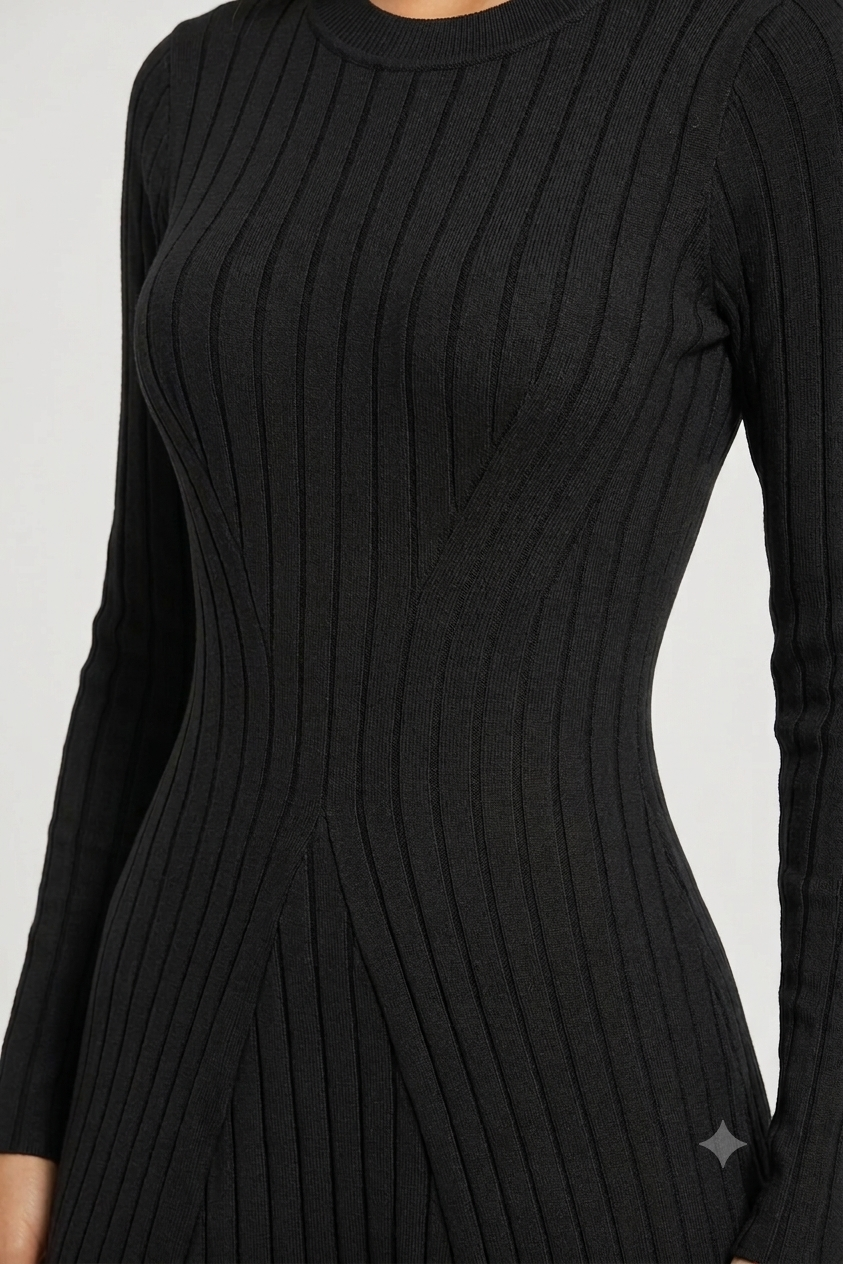 Ribbed Knitted Midi Dress | 100% Knitted Viscose | Round Neck | Full Sleeves | Stretchable | Black