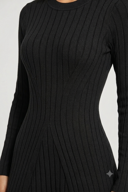 Ribbed Knitted Midi Dress | 100% Knitted Viscose | Round Neck | Full Sleeves | Stretchable | Black