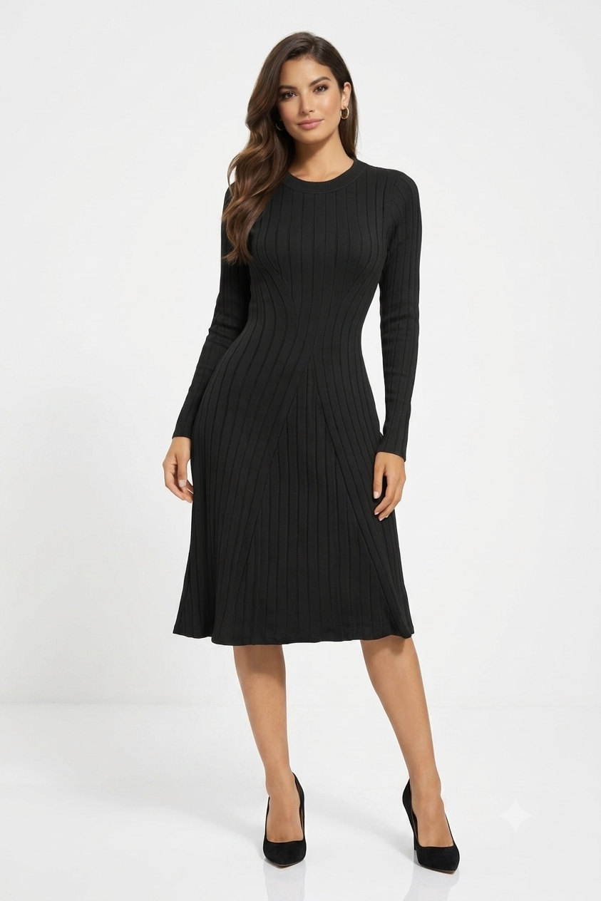 Ribbed Knitted Midi Dress | 100% Knitted Viscose | Round Neck | Full Sleeves | Stretchable | Black