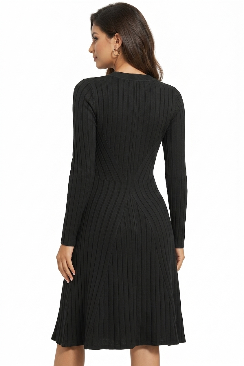 Ribbed Knitted Midi Dress | 100% Knitted Viscose | Round Neck | Full Sleeves | Stretchable | Black