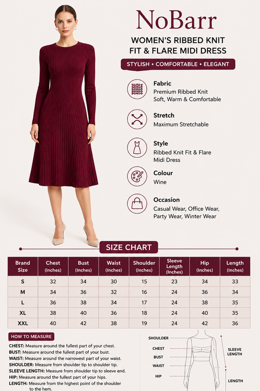 Ribbed Knitted Midi Dress | 100% Knitted Viscose | Round Neck | Full Sleeves | Stretchable | Wine