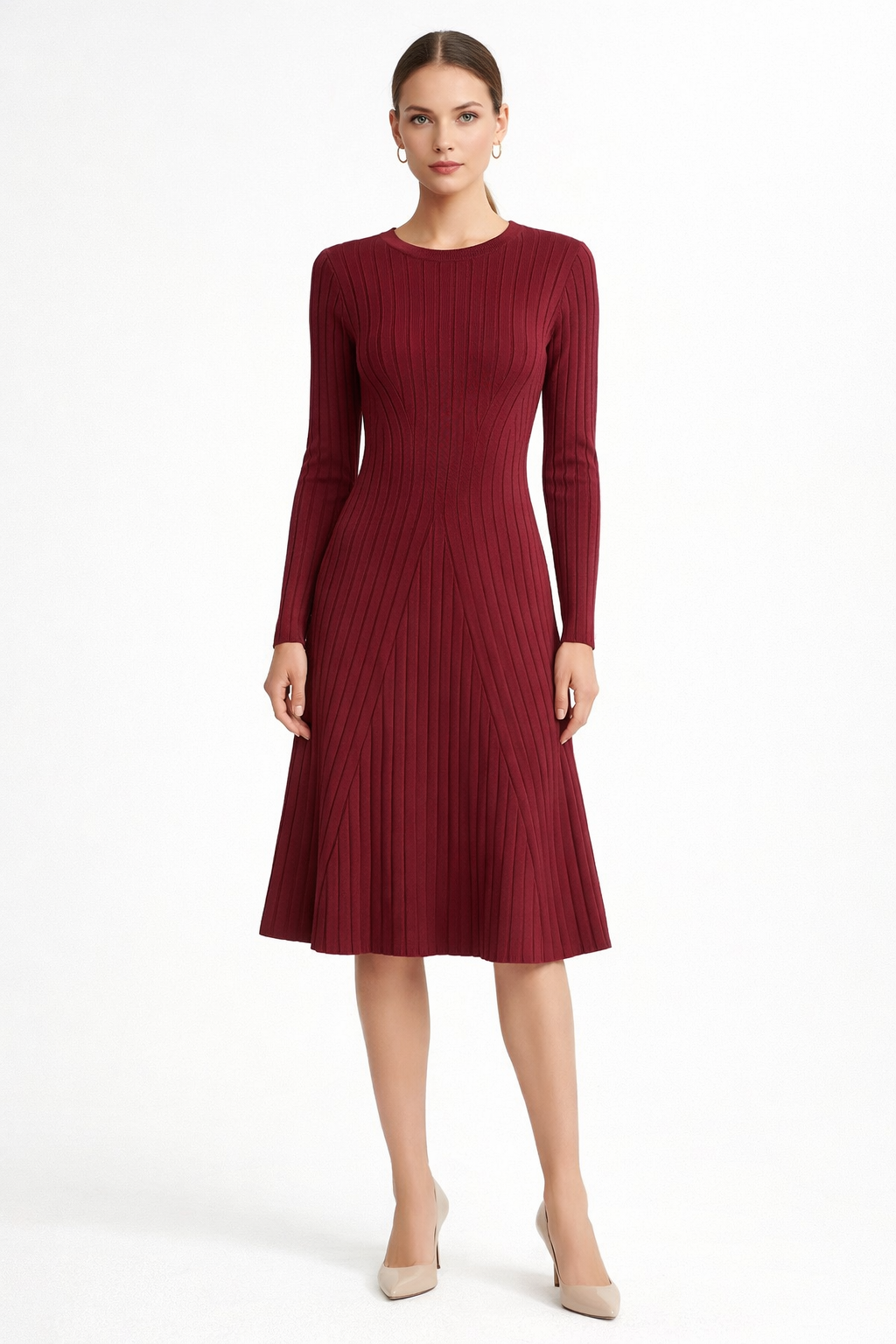 Ribbed Knitted Midi Dress | 100% Knitted Viscose | Round Neck | Full Sleeves | Stretchable | Wine