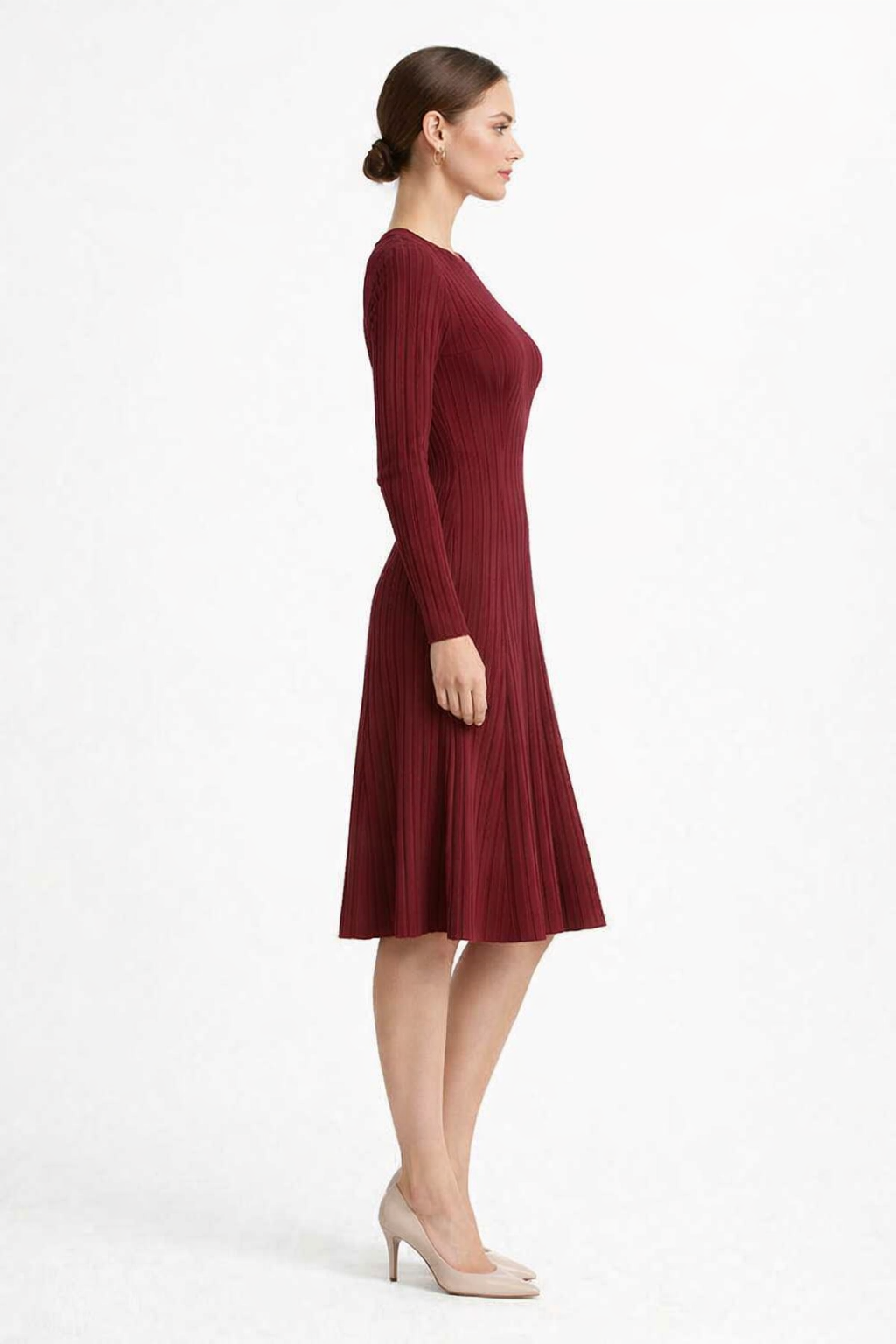 Ribbed Knitted Midi Dress | 100% Knitted Viscose | Round Neck | Full Sleeves | Stretchable | Wine