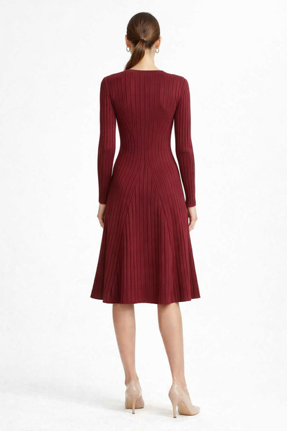 Ribbed Knitted Midi Dress | 100% Knitted Viscose | Round Neck | Full Sleeves | Stretchable | Wine