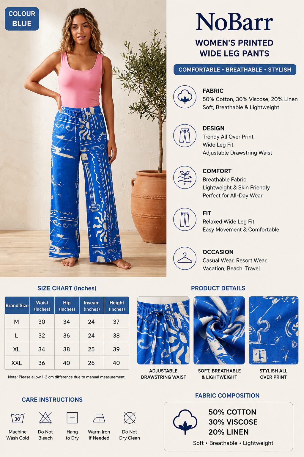 Printed Wide Leg Palazzo Pants | 50% Cotton, 30% Viscose, 20% Linen | Elastic Waist | 2 Side Pockets | Blue
