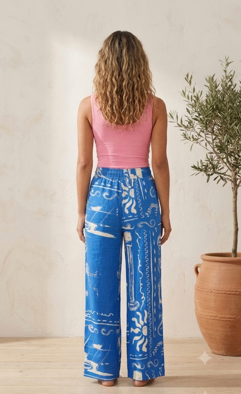 Printed Wide Leg Palazzo Pants | 50% Cotton, 30% Viscose, 20% Linen | Elastic Waist | 2 Side Pockets | Blue
