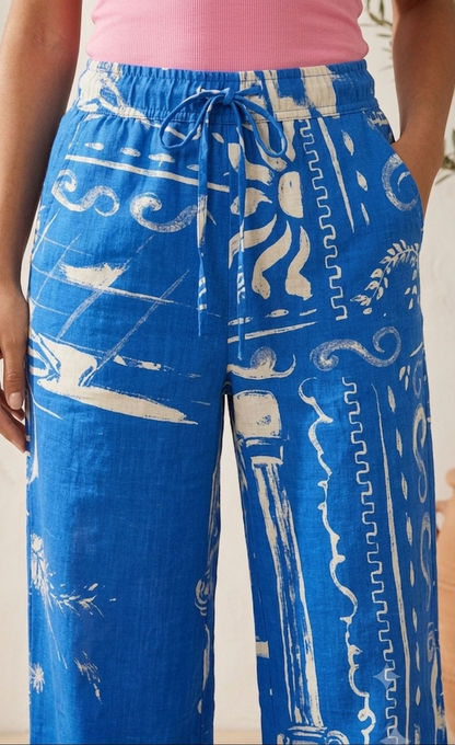 Printed Wide Leg Palazzo Pants | 50% Cotton, 30% Viscose, 20% Linen | Elastic Waist | 2 Side Pockets | Blue