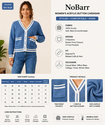 Knitted Cardigan Sweater | 100% Acrylic | V-Neck | Button Front | Full Sleeves | 2 Front Pockets | Sky Blue