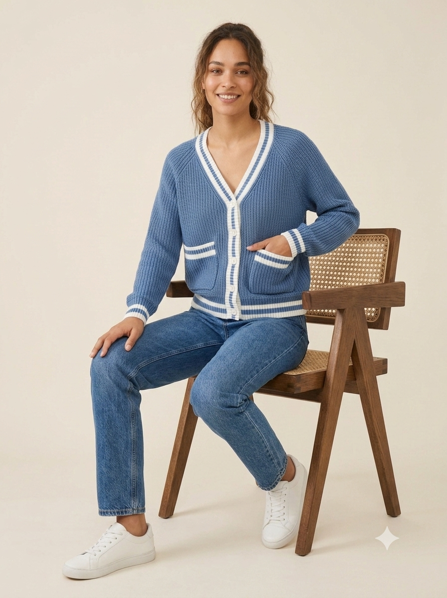 Knitted Cardigan Sweater | 100% Acrylic | V-Neck | Button Front | Full Sleeves | 2 Front Pockets | Sky Blue