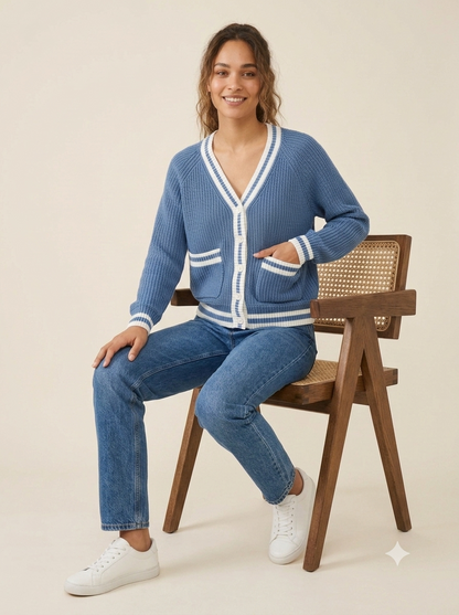 Knitted Cardigan Sweater | 100% Acrylic | V-Neck | Button Front | Full Sleeves | 2 Front Pockets | Sky Blue
