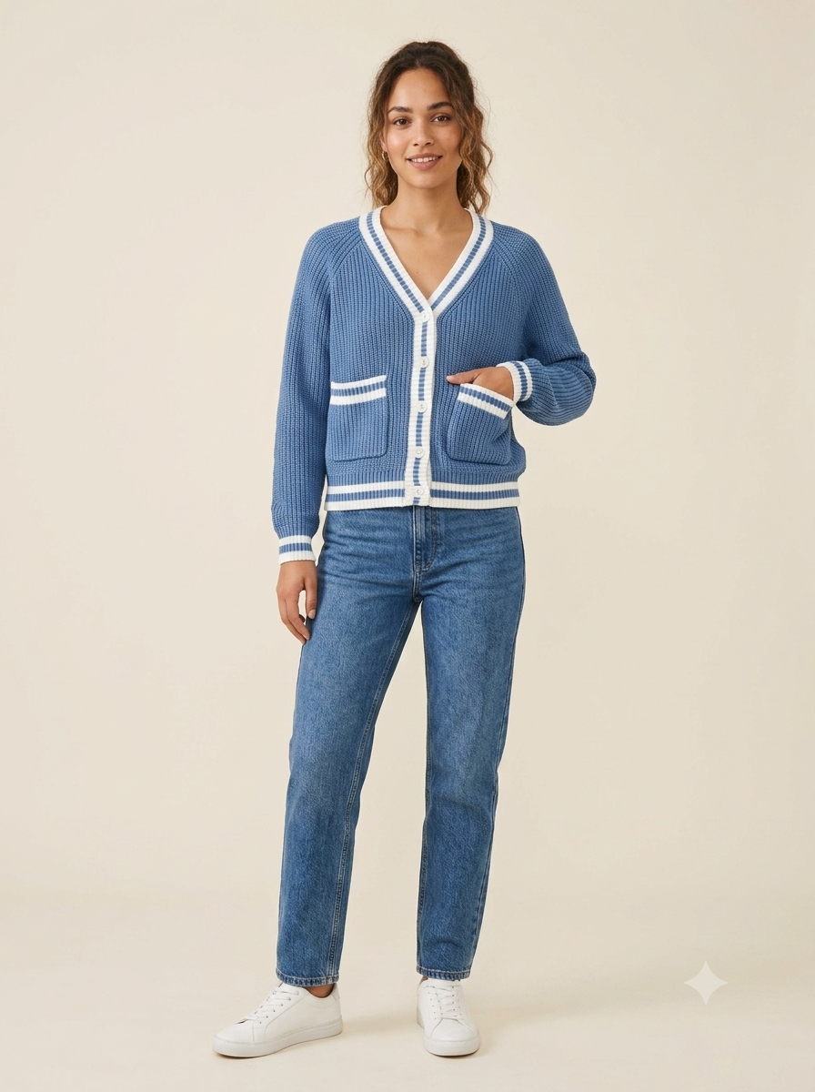 Knitted Cardigan Sweater | 100% Acrylic | V-Neck | Button Front | Full Sleeves | 2 Front Pockets | Sky Blue