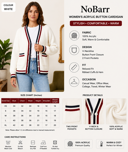 Knitted Cardigan Sweater | 100% Acrylic | V-Neck | Button Front | Full Sleeves | 2 Front Pockets | White