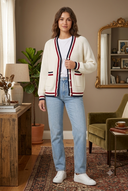Knitted Cardigan Sweater | 100% Acrylic | V-Neck | Button Front | Full Sleeves | 2 Front Pockets | White