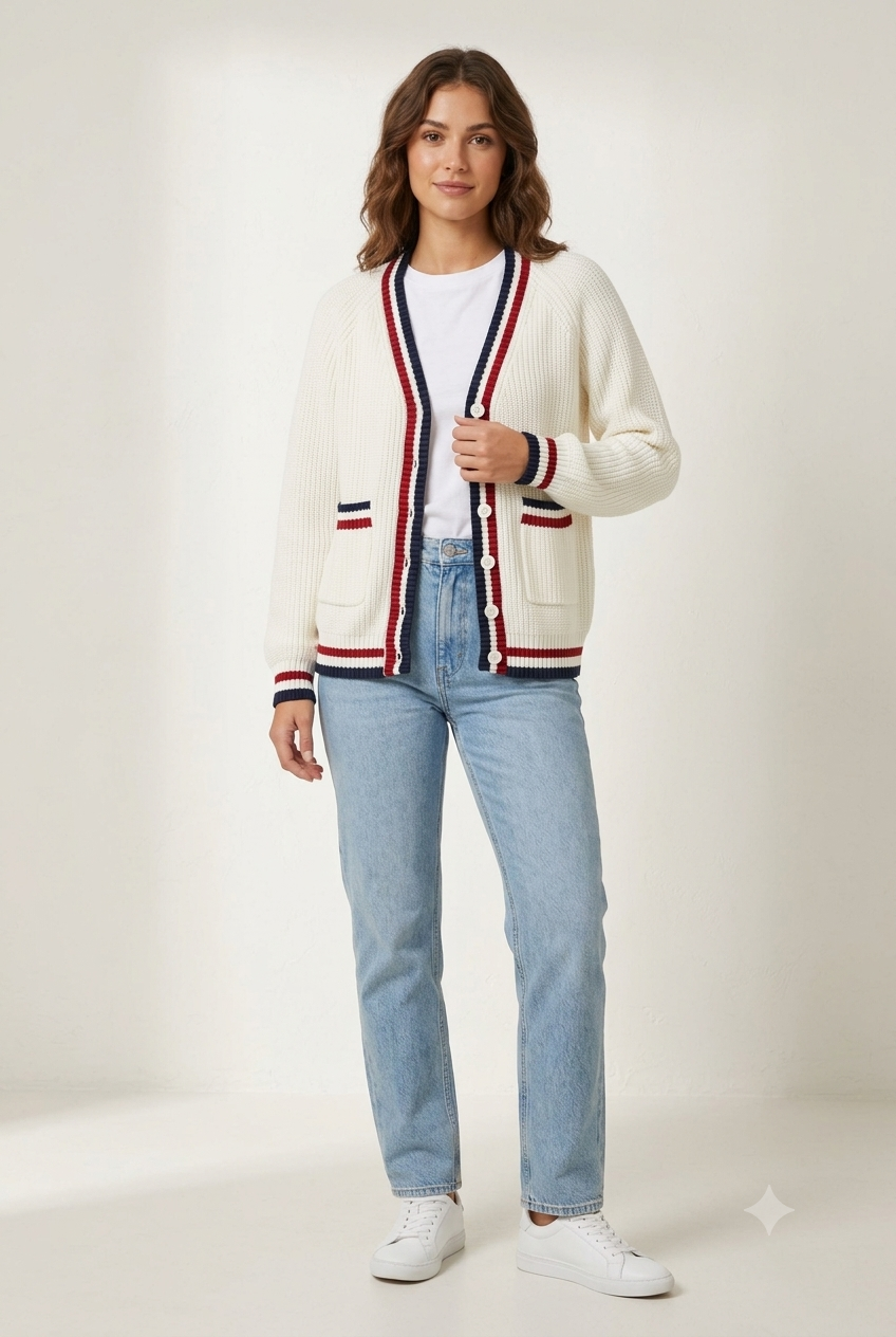 Knitted Cardigan Sweater | 100% Acrylic | V-Neck | Button Front | Full Sleeves | 2 Front Pockets | White