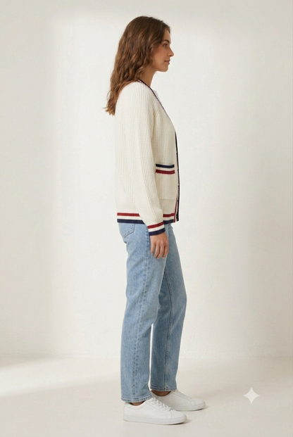 Knitted Cardigan Sweater | 100% Acrylic | V-Neck | Button Front | Full Sleeves | 2 Front Pockets | White
