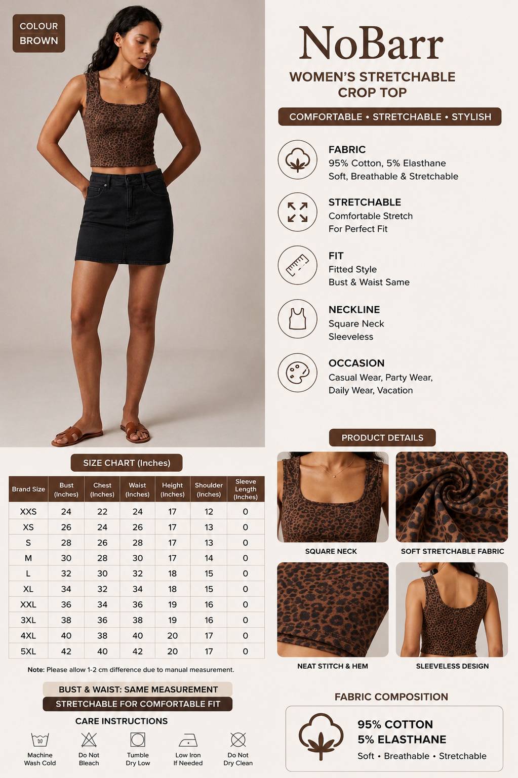 Brown Tiger Print Stretchable Cotton Blend Sleeveless Crop Tank Top | Square Neck | Casual Fitted Top