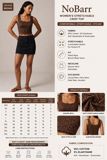 Brown Tiger Print Stretchable Cotton Blend Sleeveless Crop Tank Top | Square Neck | Casual Fitted Top