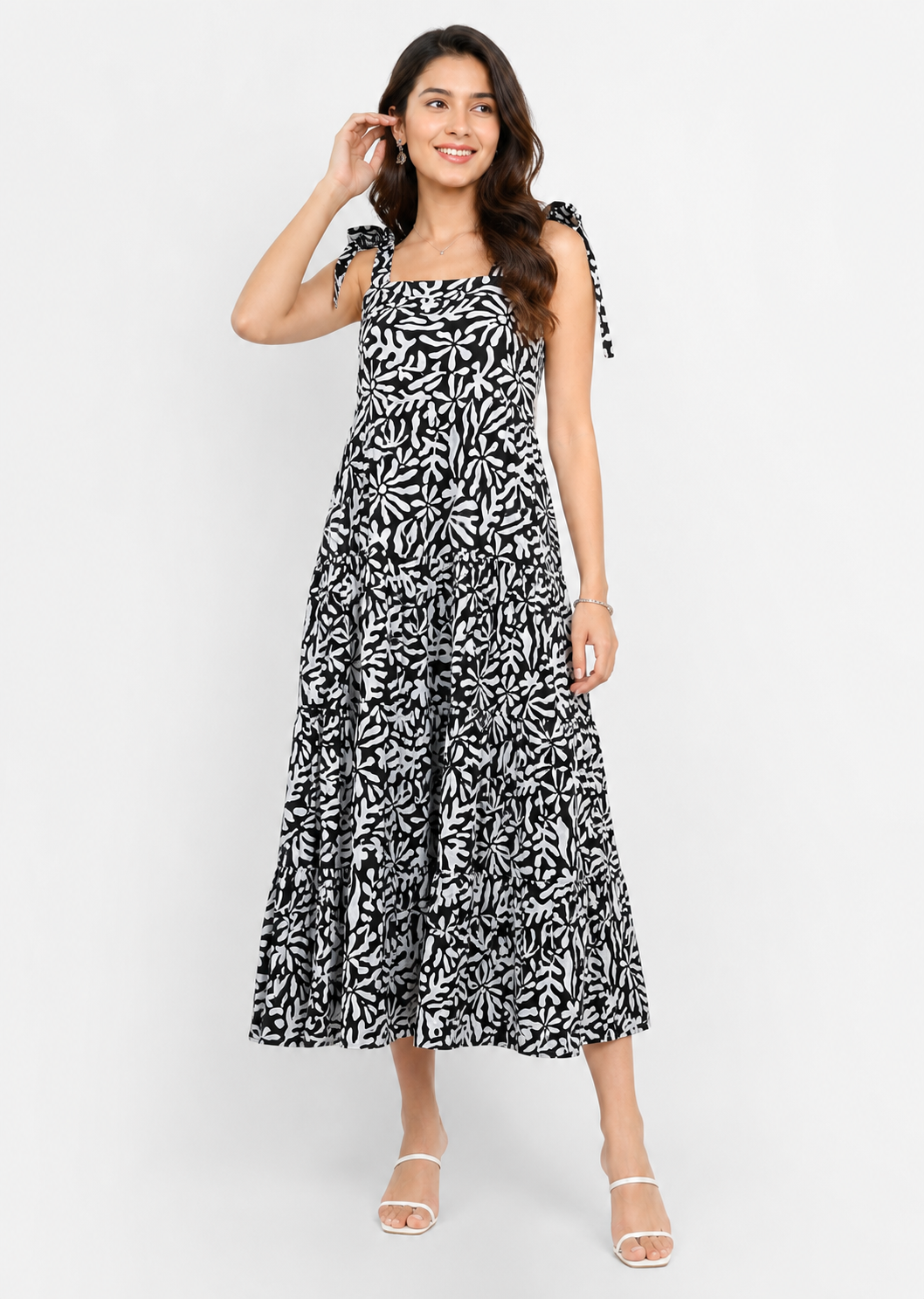 Black Printed Cotton Tiered Maxi Dress | Tie-Up Shoulder Straps | Sleeveless | Stretchable Smocked Bodice