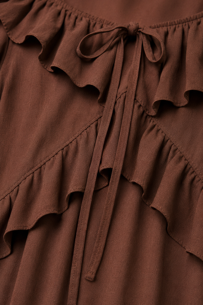 Brown Ruffle Mini Dress | Tie Neck | Flared Short Dress | 2 Side Pockets | Casual Dress