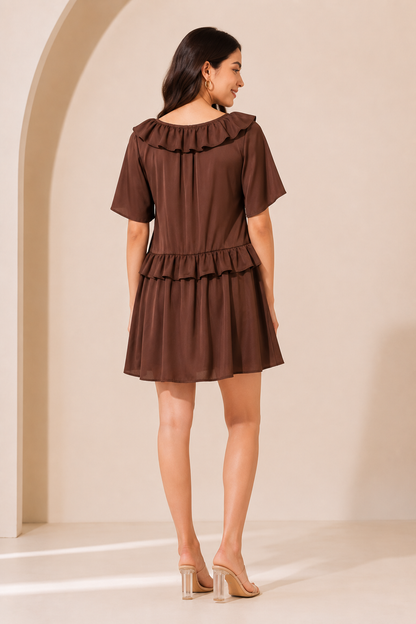 Brown Ruffle Mini Dress | Tie Neck | Flared Short Dress | 2 Side Pockets | Casual Dress