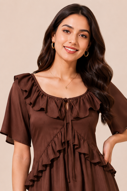 Brown Ruffle Mini Dress | Tie Neck | Flared Short Dress | 2 Side Pockets | Casual Dress