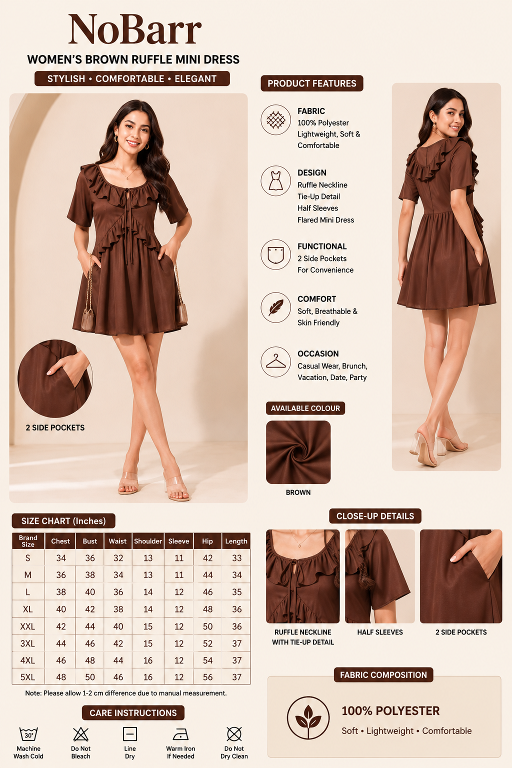 Brown Ruffle Mini Dress | Tie Neck | Flared Short Dress | 2 Side Pockets | Casual Dress