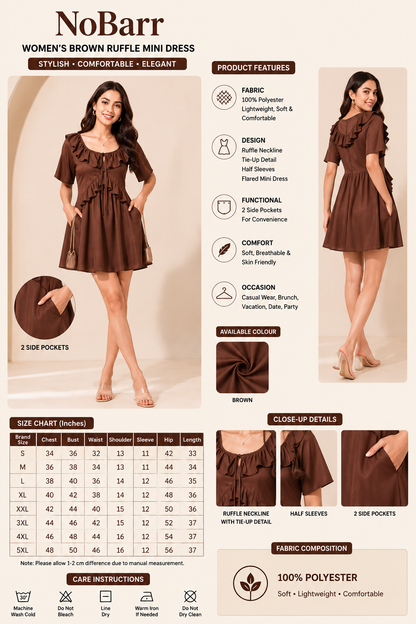 Brown Ruffle Mini Dress | Tie Neck | Flared Short Dress | 2 Side Pockets | Casual Dress