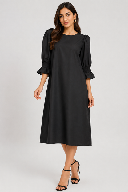 Black 100% Cotton Midi Dress | Puff 3/4 Sleeves | Loose Fit | 2 Side Pockets | Casual A-Line Dress
