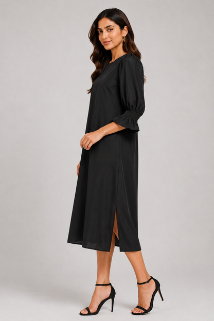 Black 100% Cotton Midi Dress | Puff 3/4 Sleeves | Loose Fit | 2 Side Pockets | Casual A-Line Dress