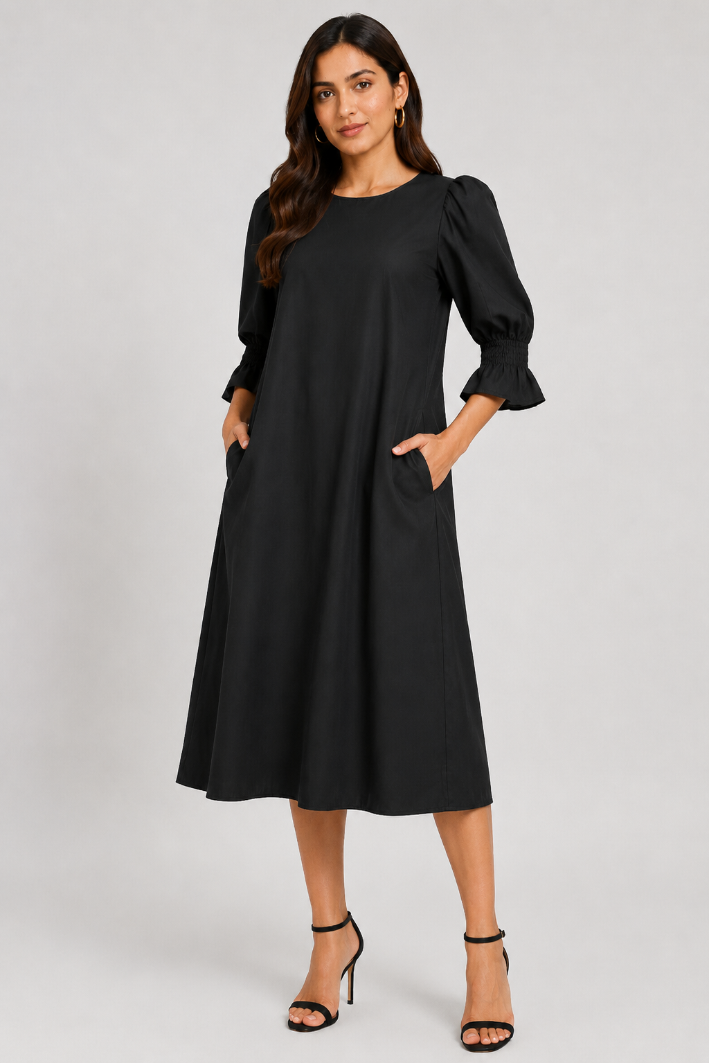 Black 100% Cotton Midi Dress | Puff 3/4 Sleeves | Loose Fit | 2 Side Pockets | Casual A-Line Dress