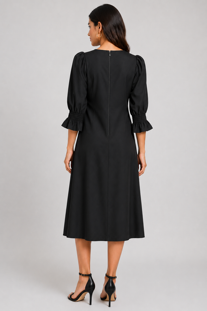 Black 100% Cotton Midi Dress | Puff 3/4 Sleeves | Loose Fit | 2 Side Pockets | Casual A-Line Dress