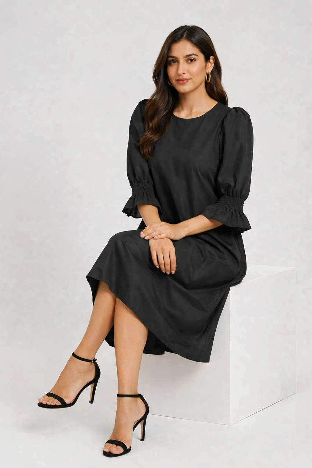 Black 100% Cotton Midi Dress | Puff 3/4 Sleeves | Loose Fit | 2 Side Pockets | Casual A-Line Dress