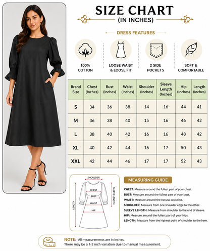 Black 100% Cotton Midi Dress | Puff 3/4 Sleeves | Loose Fit | 2 Side Pockets | Casual A-Line Dress