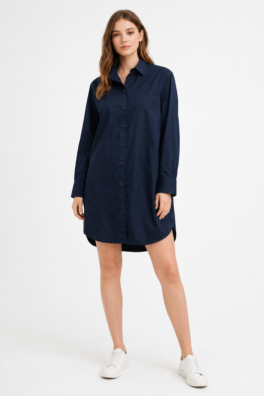 Dark Blue 100% Cotton Shirt Dress | Oversized Loose Fit | Full Sleeves | 1 Pocket | Casual Mini Dress