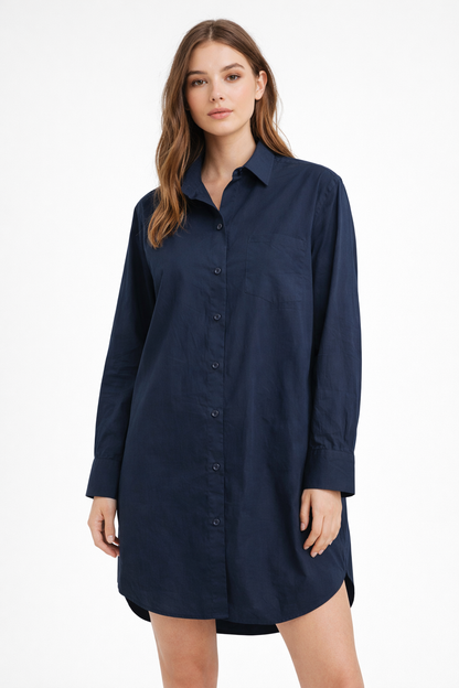 Dark Blue 100% Cotton Shirt Dress | Oversized Loose Fit | Full Sleeves | 1 Pocket | Casual Mini Dress