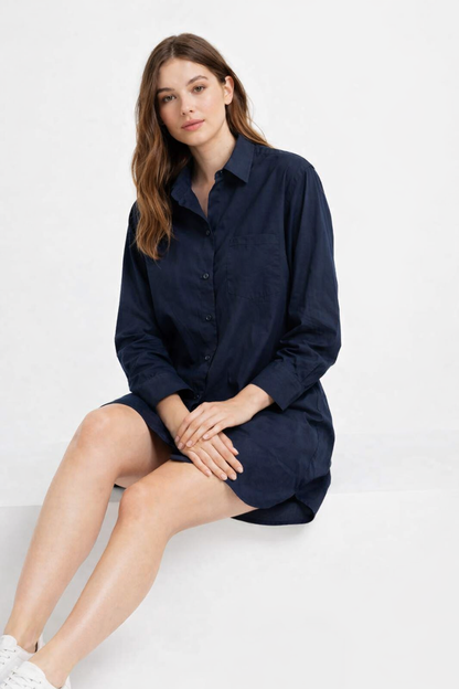 Dark Blue 100% Cotton Shirt Dress | Oversized Loose Fit | Full Sleeves | 1 Pocket | Casual Mini Dress