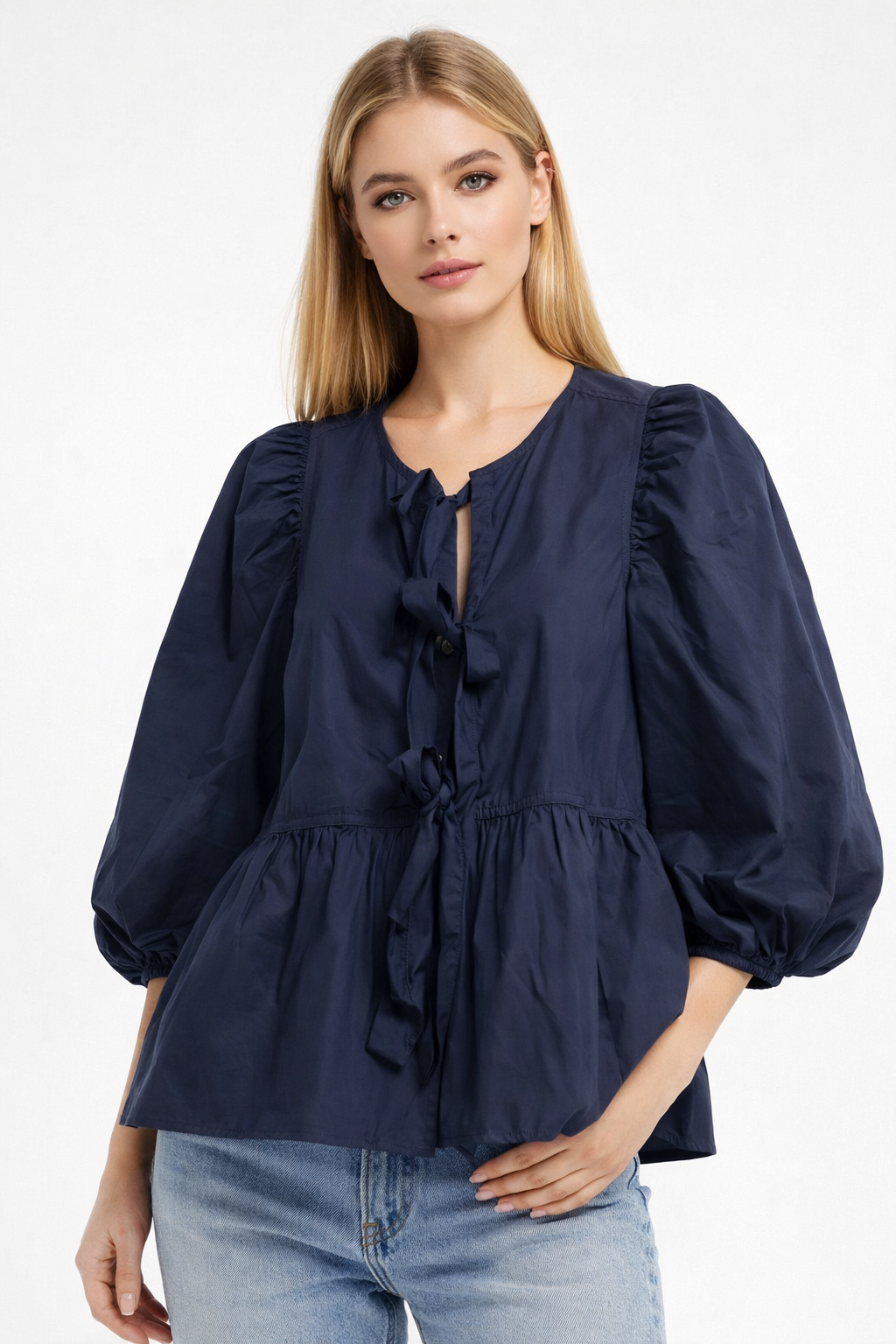 Dark Blue 100% Cotton Tie-Front Peplum Top | Balloon Sleeves | Casual Cotton Blouse