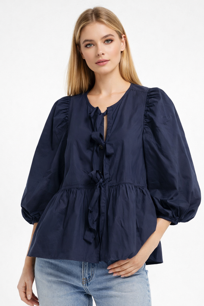Dark Blue 100% Cotton Tie-Front Peplum Top | Balloon Sleeves | Casual Cotton Blouse