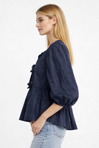 Dark Blue 100% Cotton Tie-Front Peplum Top | Balloon Sleeves | Casual Cotton Blouse