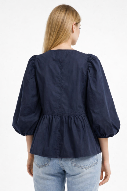 Dark Blue 100% Cotton Tie-Front Peplum Top | Balloon Sleeves | Casual Cotton Blouse