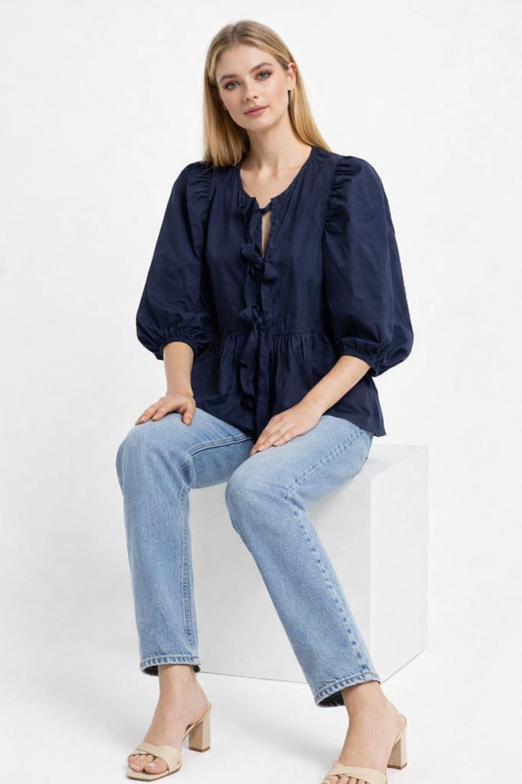 Dark Blue 100% Cotton Tie-Front Peplum Top | Balloon Sleeves | Casual Cotton Blouse