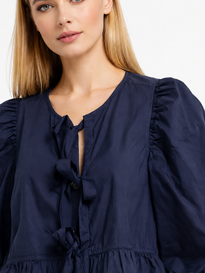 Dark Blue 100% Cotton Tie-Front Peplum Top | Balloon Sleeves | Casual Cotton Blouse